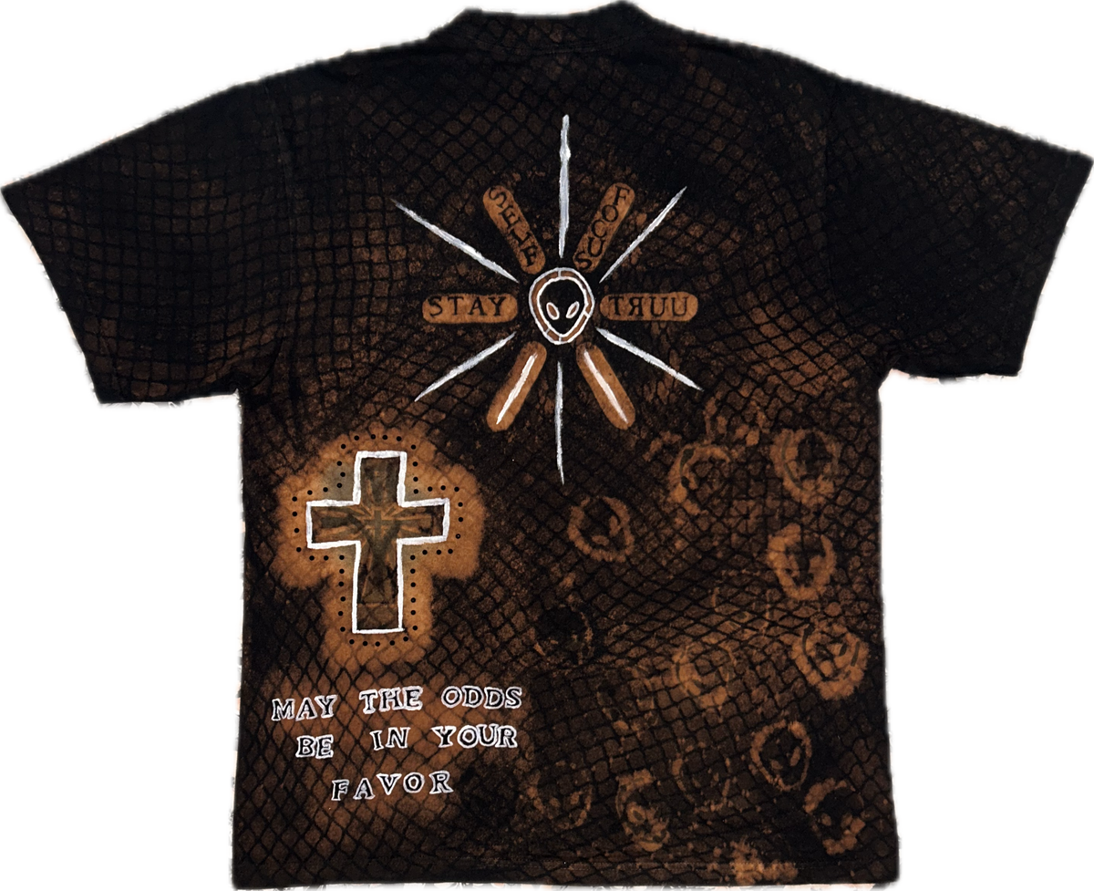 Beat The Odds heavyweight tee with bleach, paint and black rhinestone details