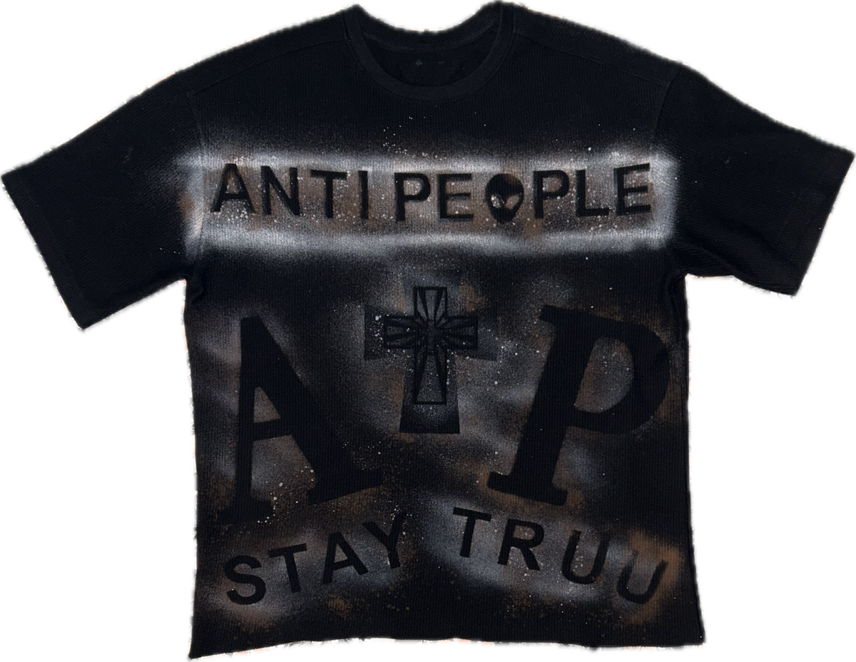 Ghostfaced Alien one-of-one black cotton shirt with bleached artwork