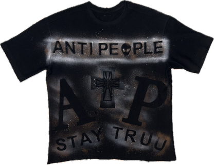 Ghostfaced Alien one-of-one black cotton shirt with bleached artwork