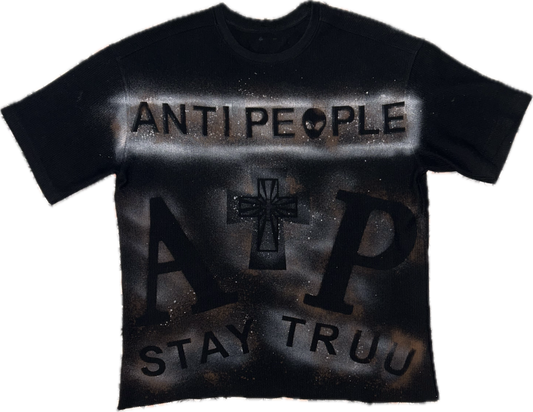 Ghostfaced Alien one-of-one black cotton shirt with bleached artwork