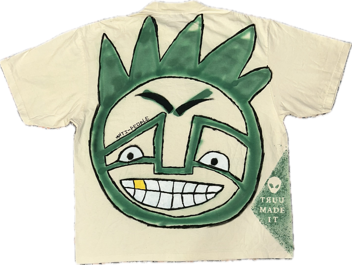 The Green Guy one-of-one cream heavyweight tee with hand-painted artwork